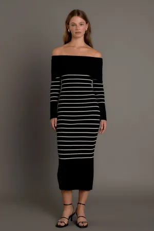 Off Shoulder Fold Striped Maxi Dress