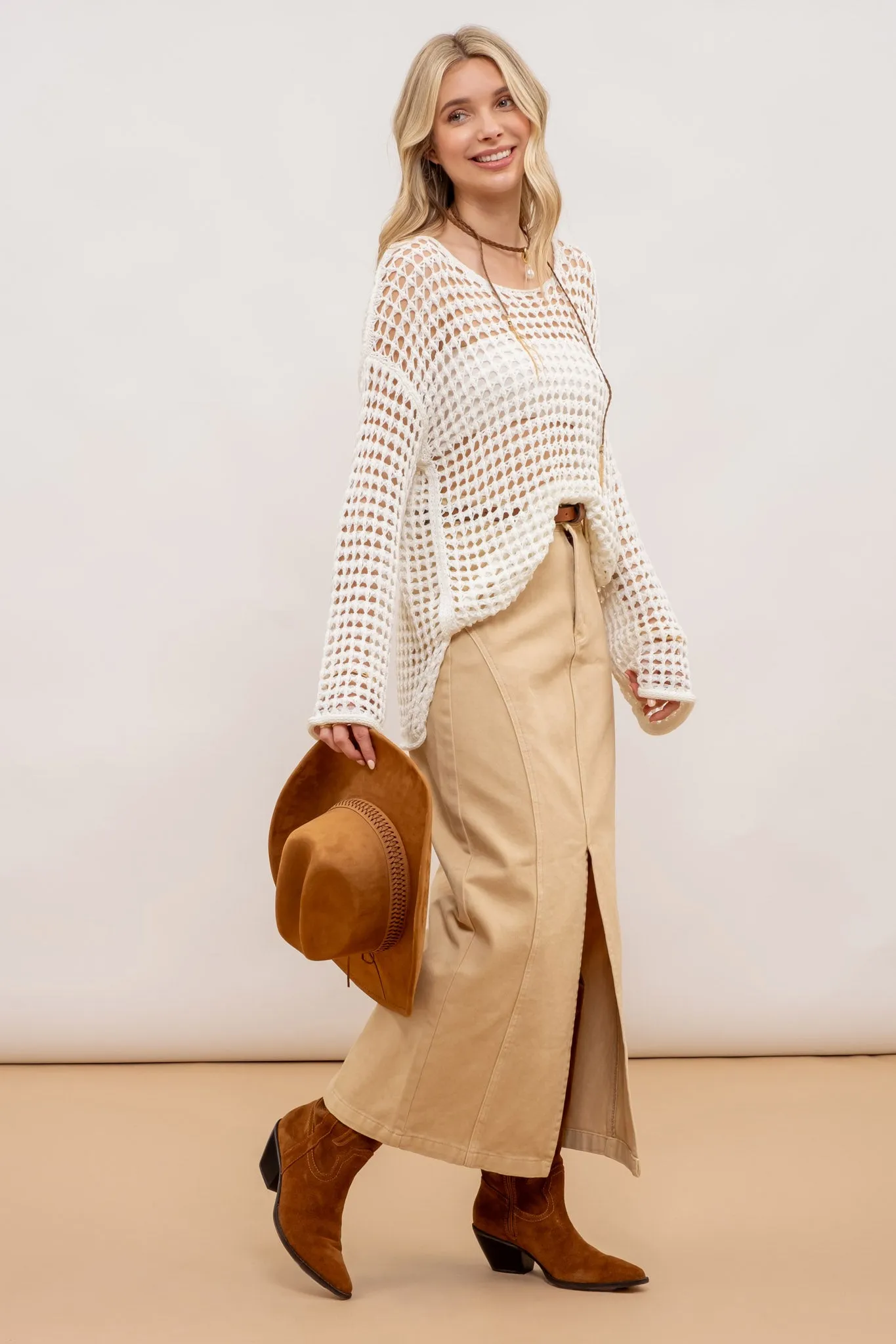 PANELED SPLIT HEM MIDI SKIRT