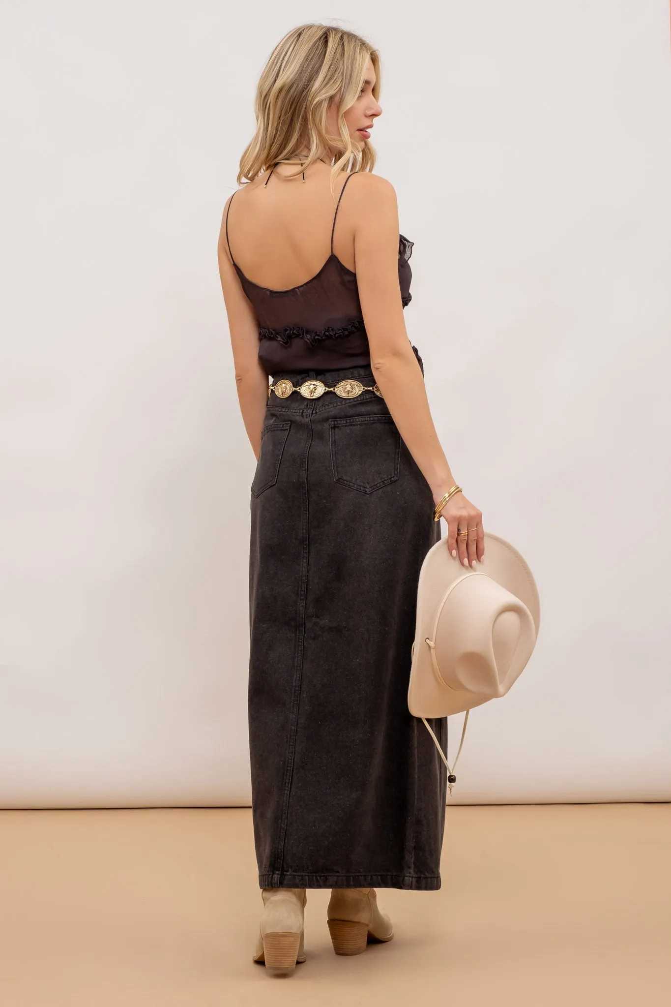 PANELED SPLIT HEM MIDI SKIRT