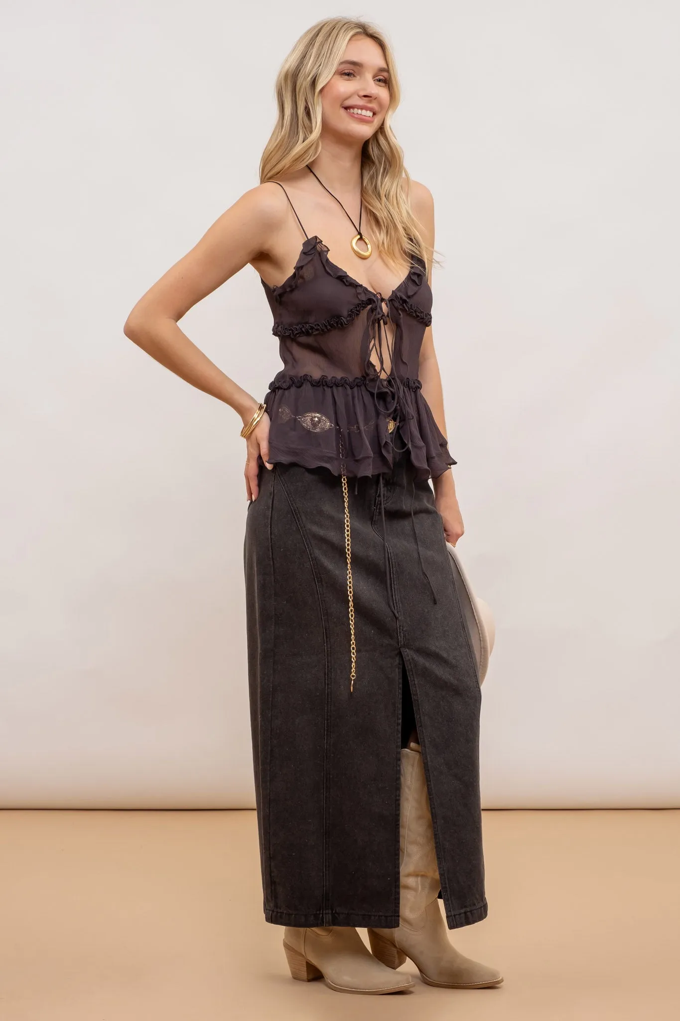 PANELED SPLIT HEM MIDI SKIRT