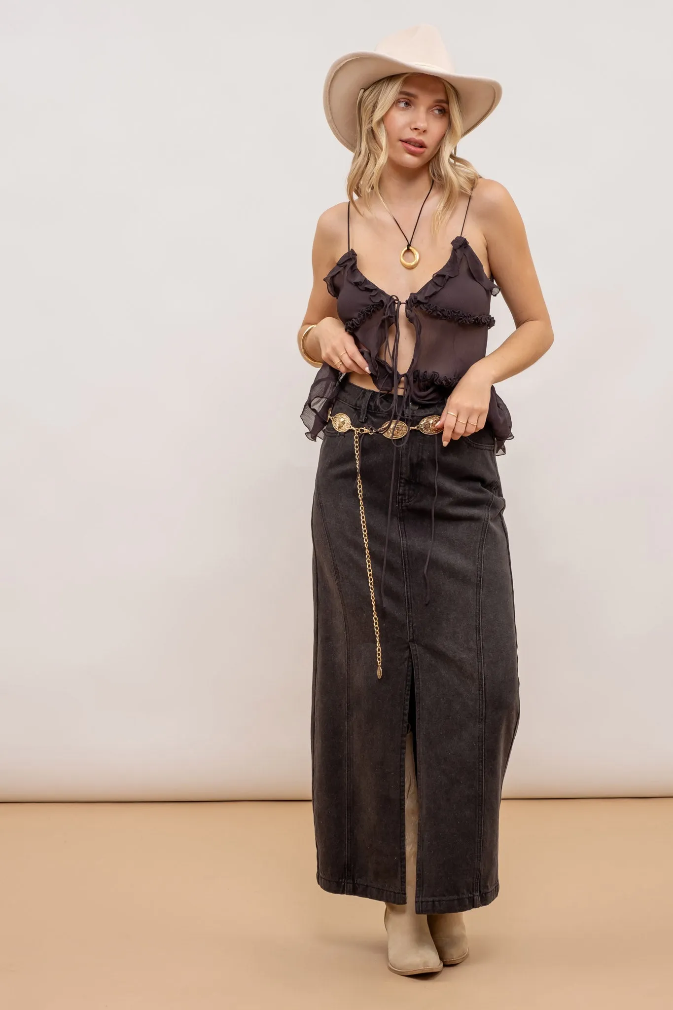 PANELED SPLIT HEM MIDI SKIRT