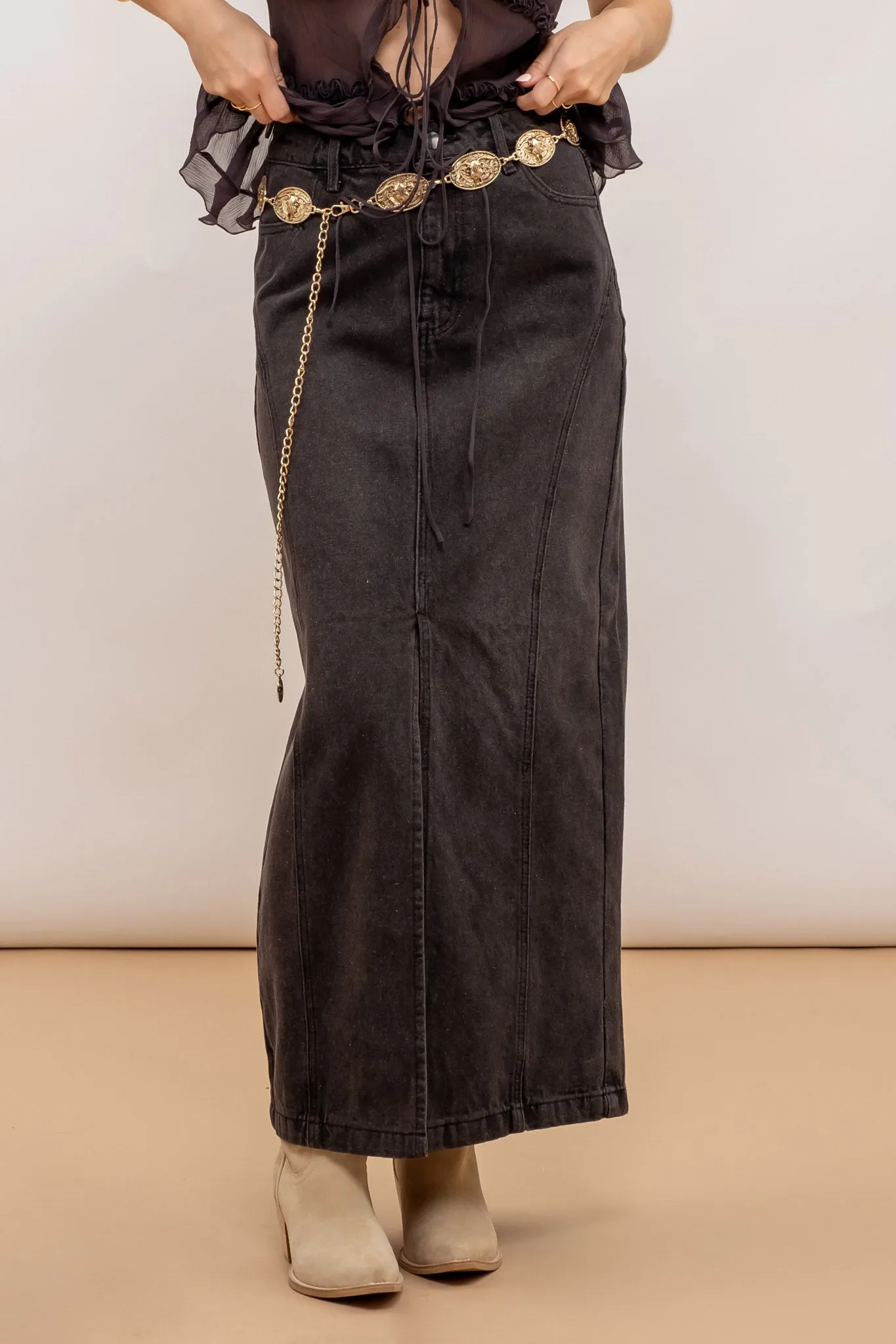 PANELED SPLIT HEM MIDI SKIRT