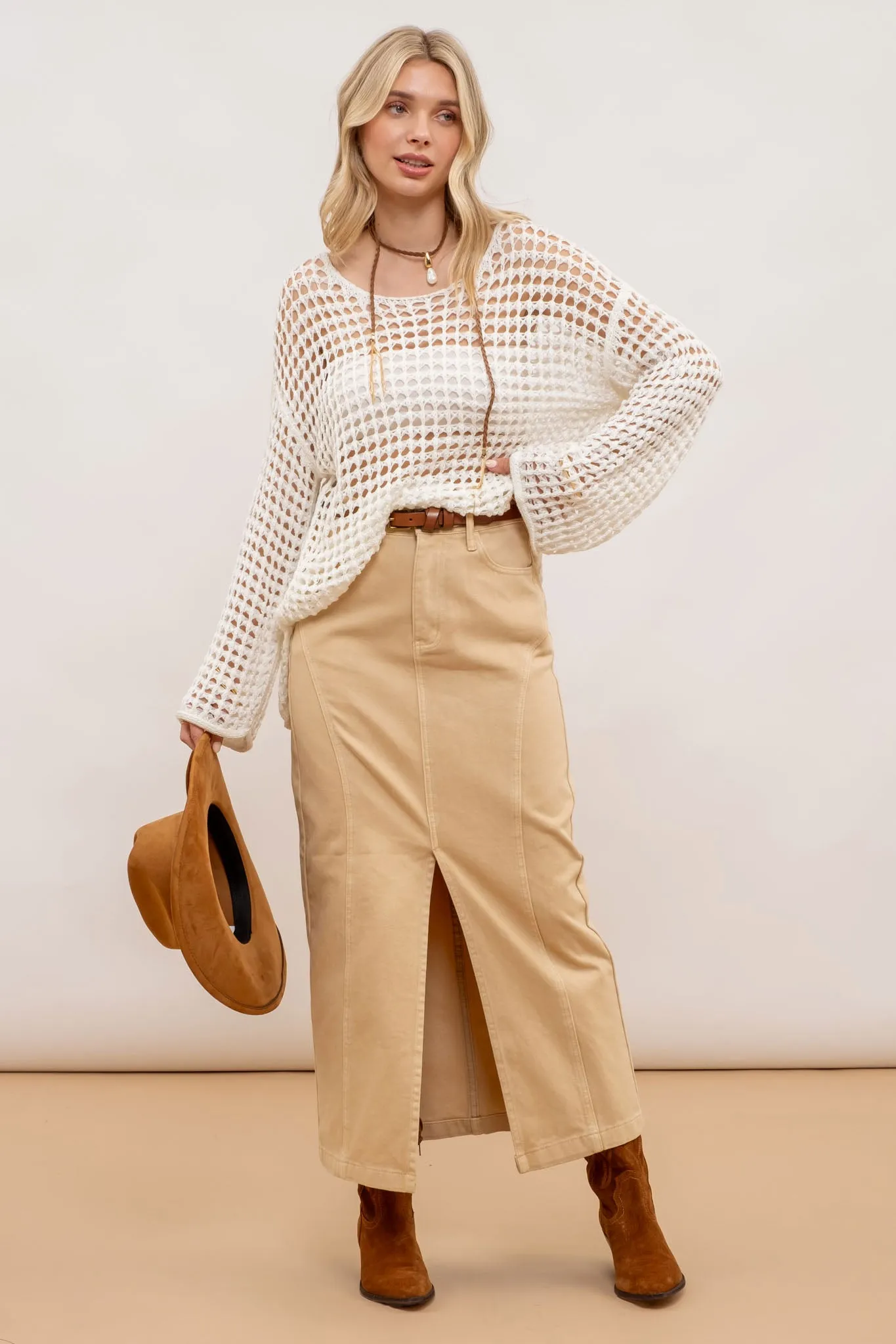 PANELED SPLIT HEM MIDI SKIRT