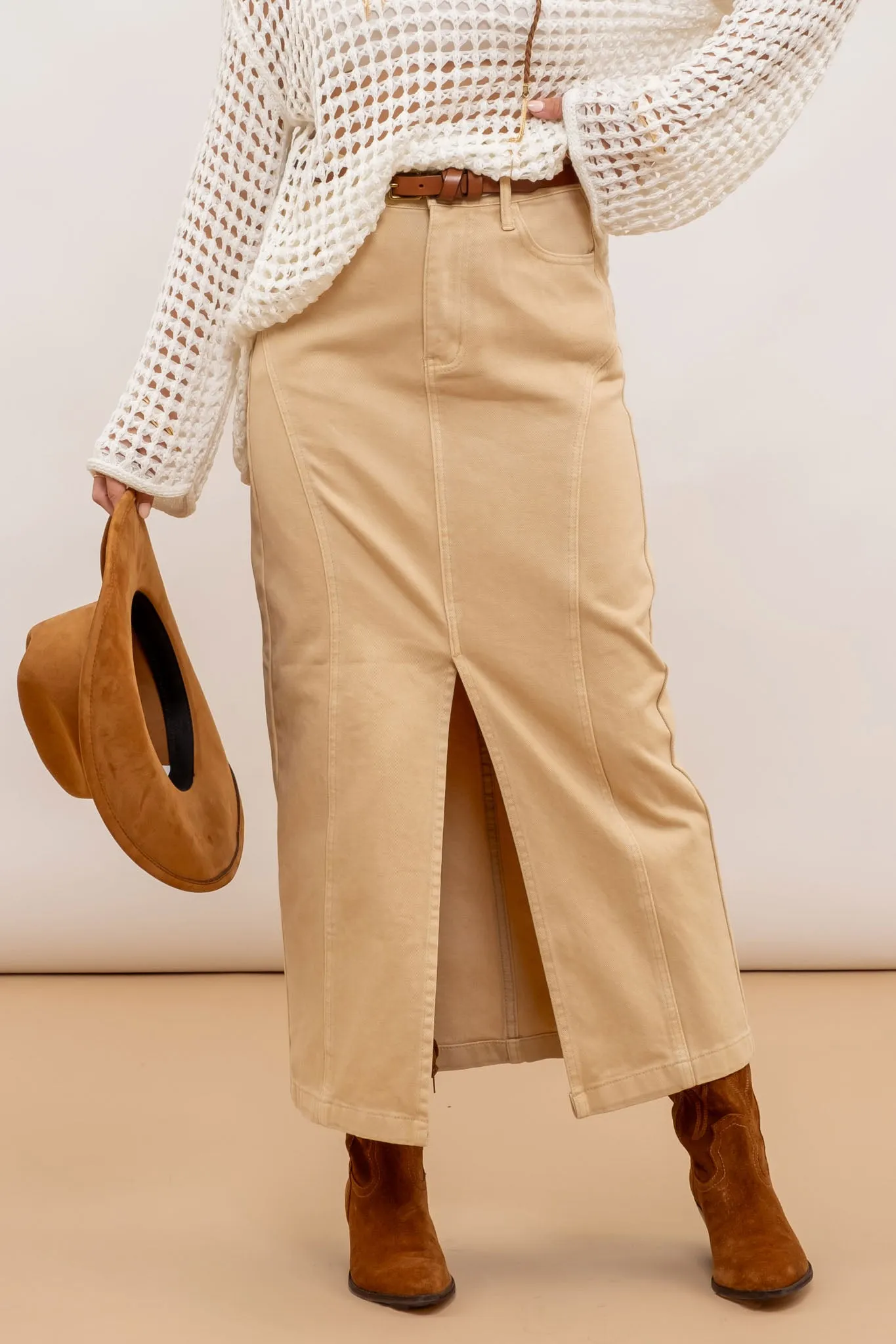 PANELED SPLIT HEM MIDI SKIRT