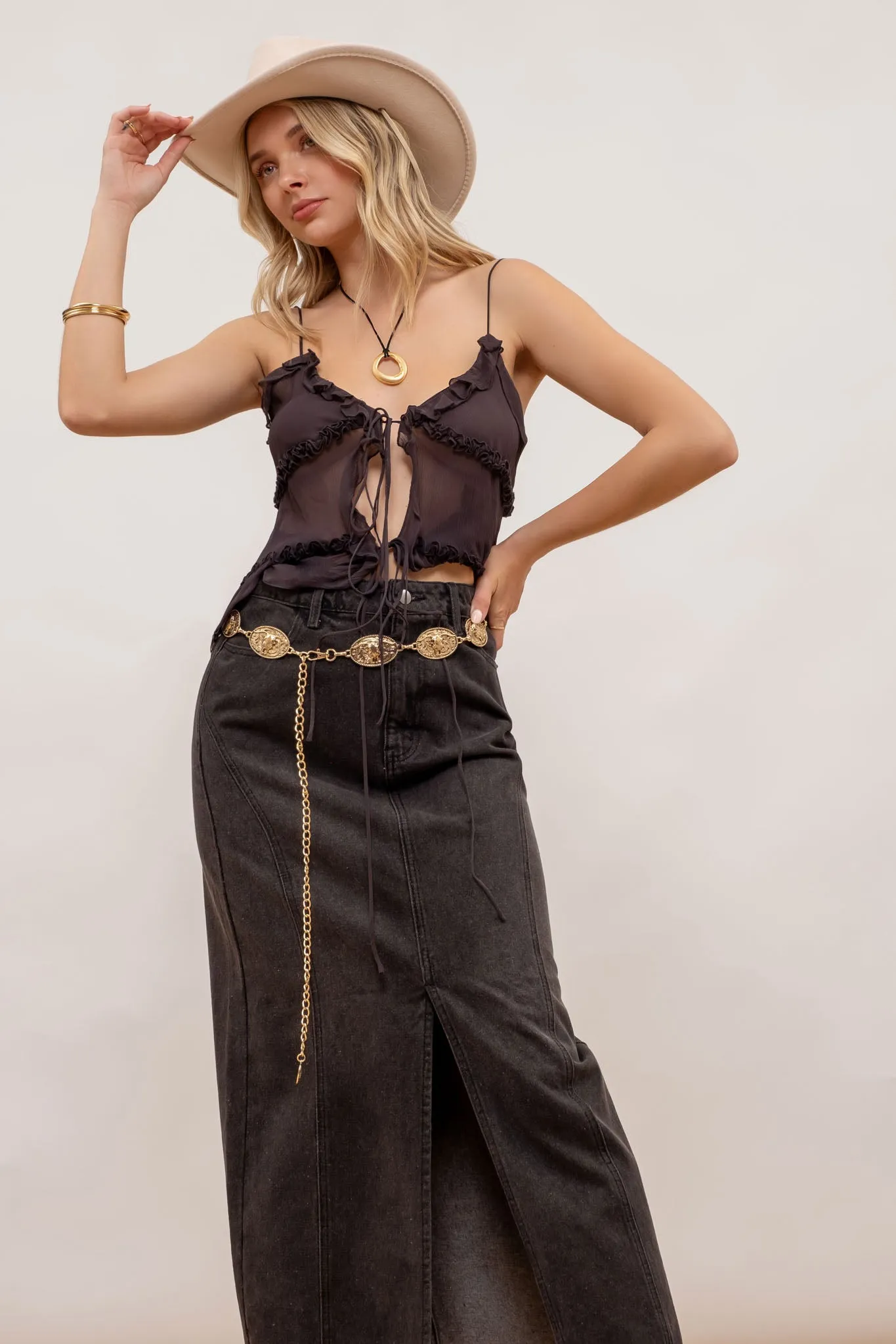 PANELED SPLIT HEM MIDI SKIRT