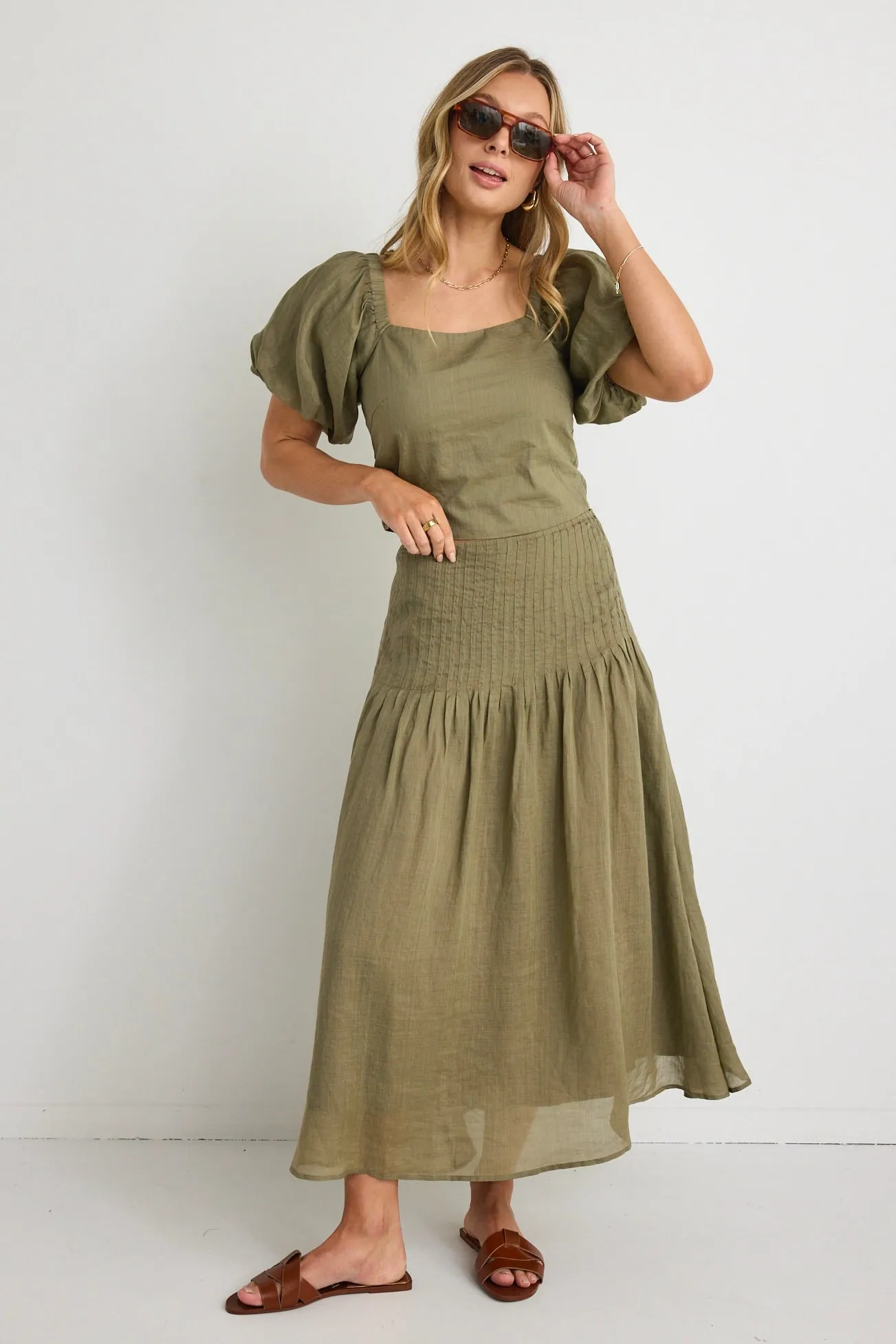 Pepe Khaki Linen Pintuck Waist Tiered Midi Skirt