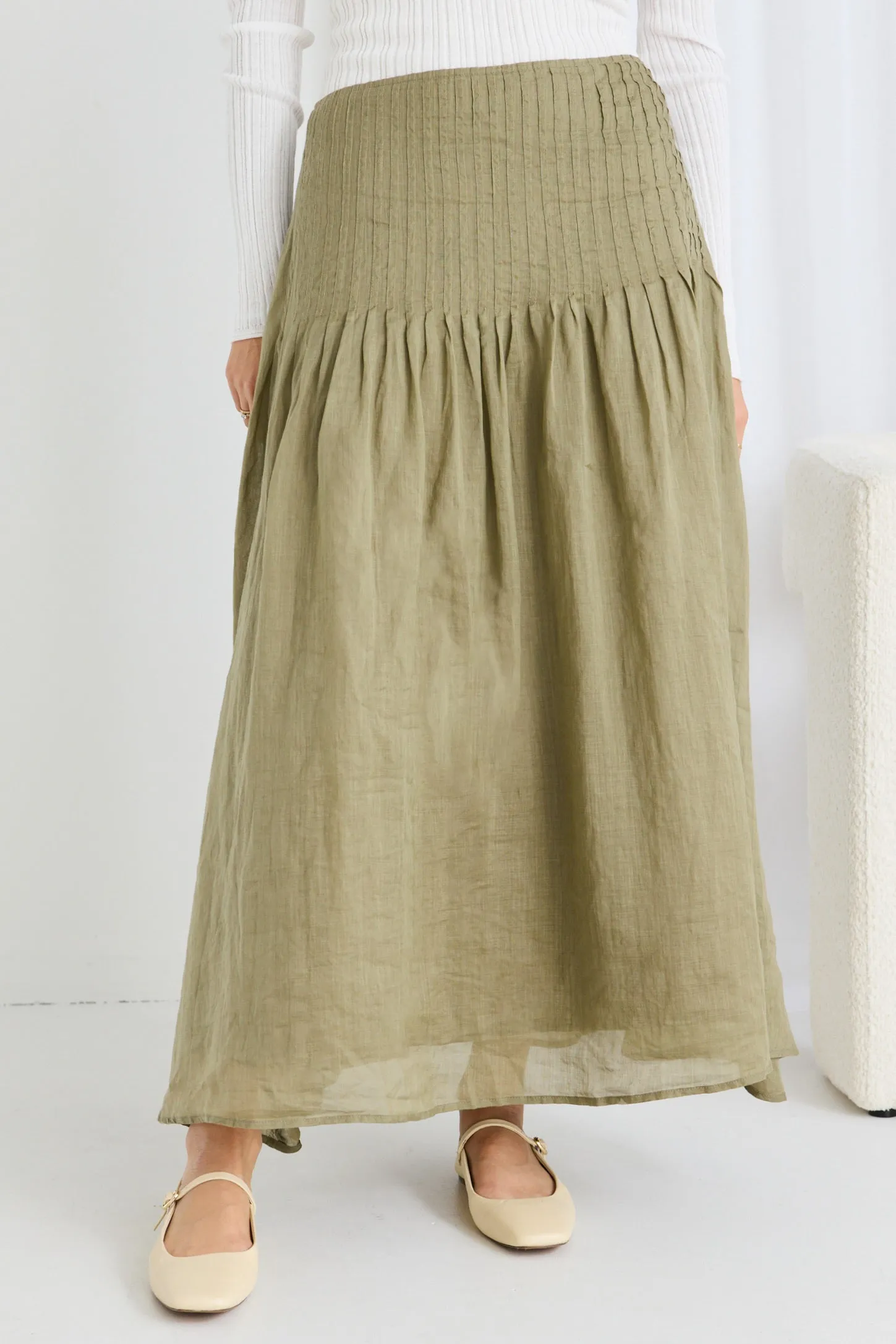 Pepe Khaki Linen Pintuck Waist Tiered Midi Skirt