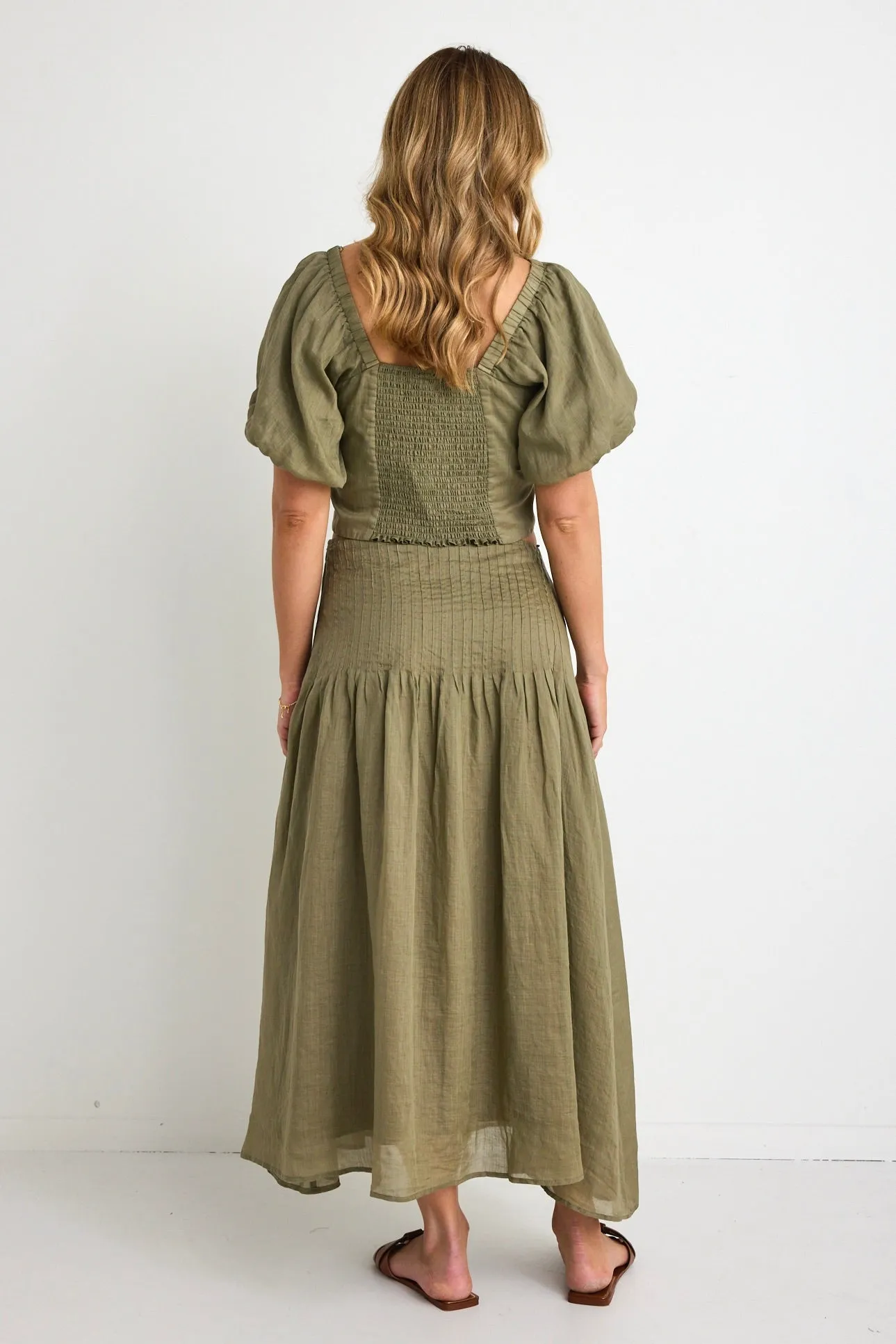 Pepe Khaki Linen Pintuck Waist Tiered Midi Skirt