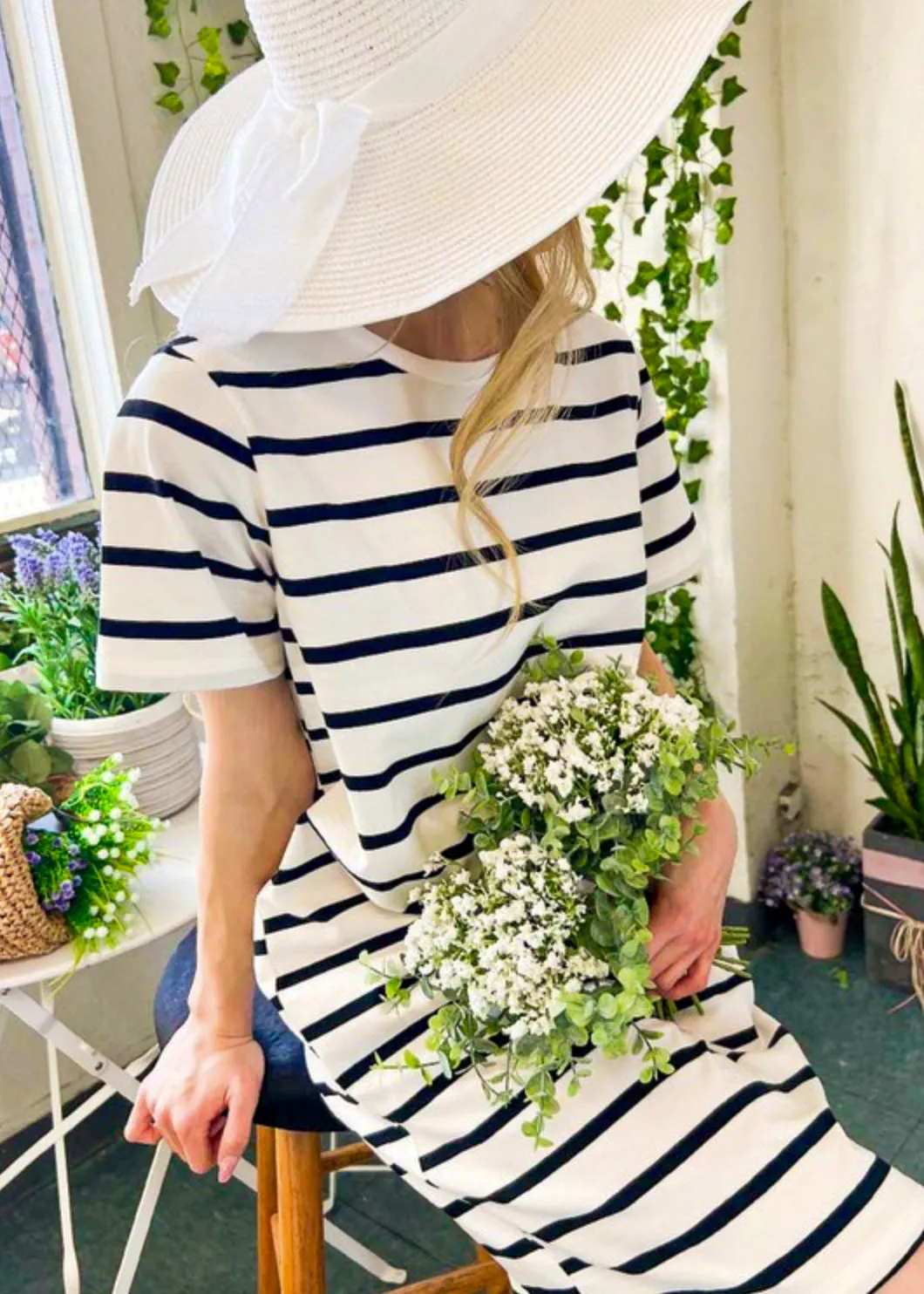Peri, Stripe Knit Midi T-Shirt Dress, White w/Black Stripes