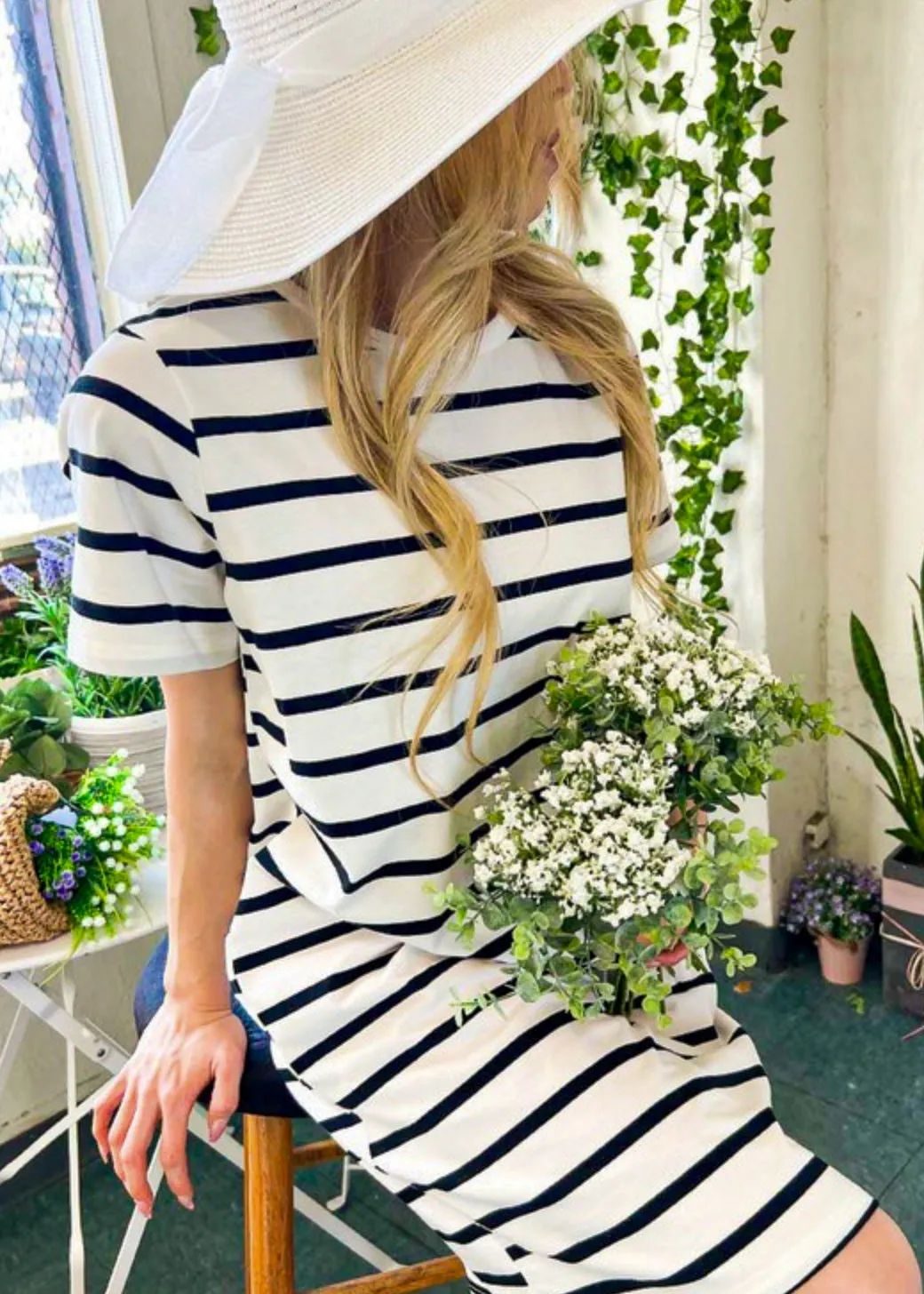 Peri, Stripe Knit Midi T-Shirt Dress, White w/Black Stripes