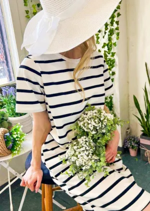Peri, Stripe Knit Midi T-Shirt Dress, White w/Black Stripes