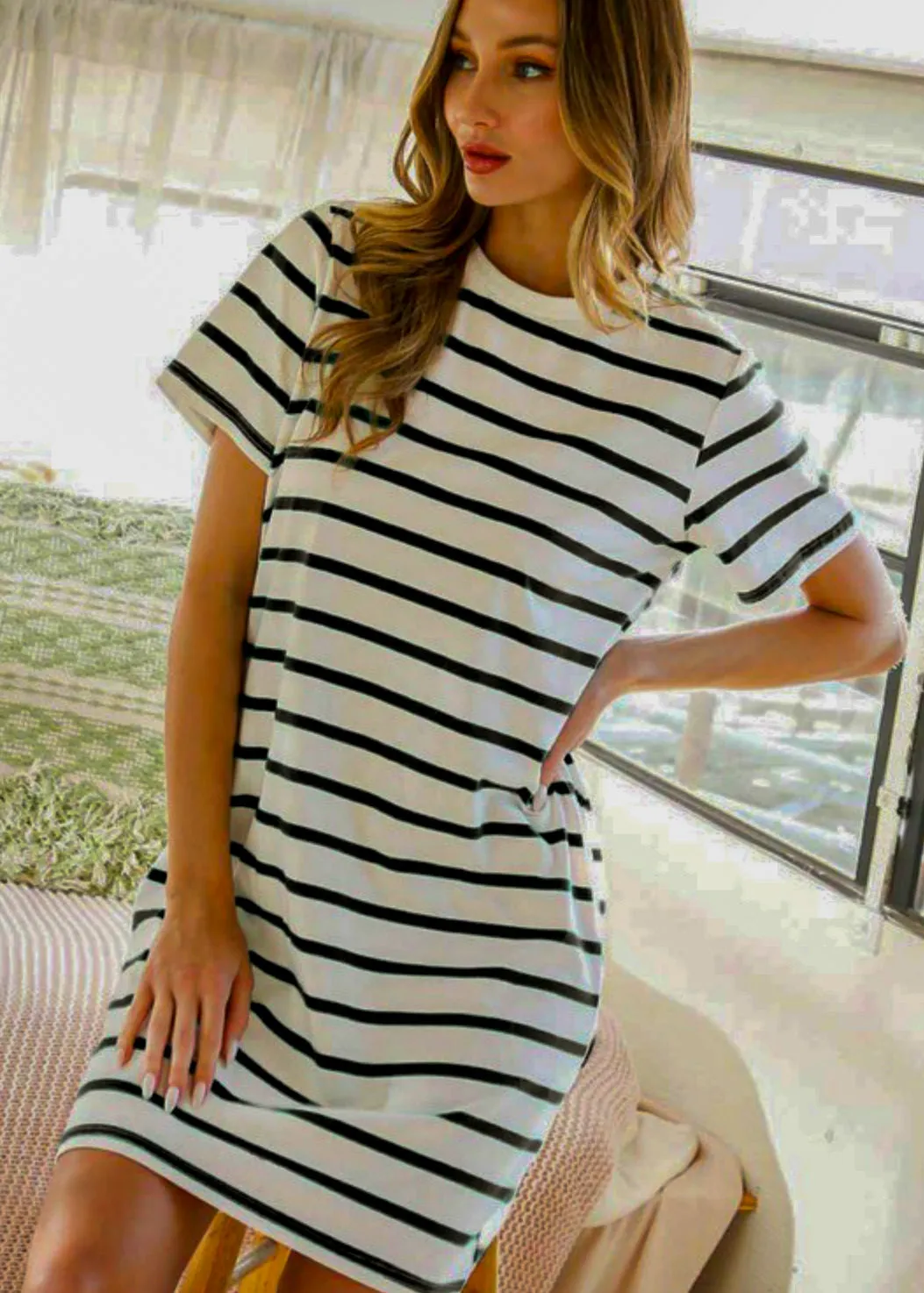 Peri, Stripe Knit Midi T-Shirt Dress, White w/Black Stripes