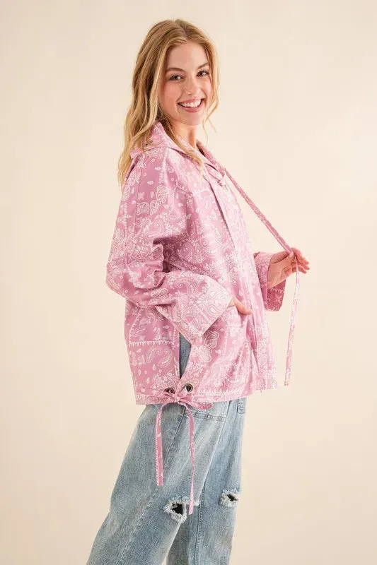 Pink Bandana Print Lace-Up Windbreaker Hoodie