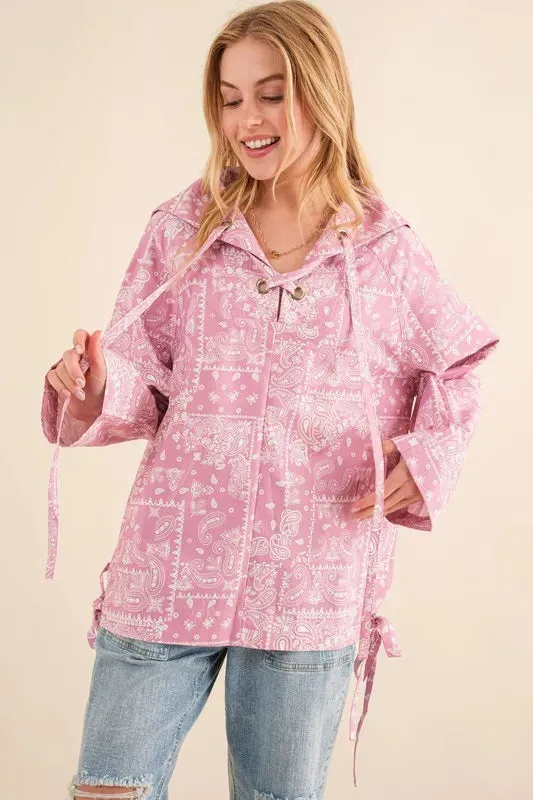 Pink Bandana Print Lace-Up Windbreaker Hoodie