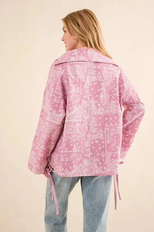 Pink Bandana Print Lace-Up Windbreaker Hoodie