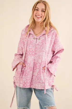 Pink Bandana Print Lace-Up Windbreaker Hoodie