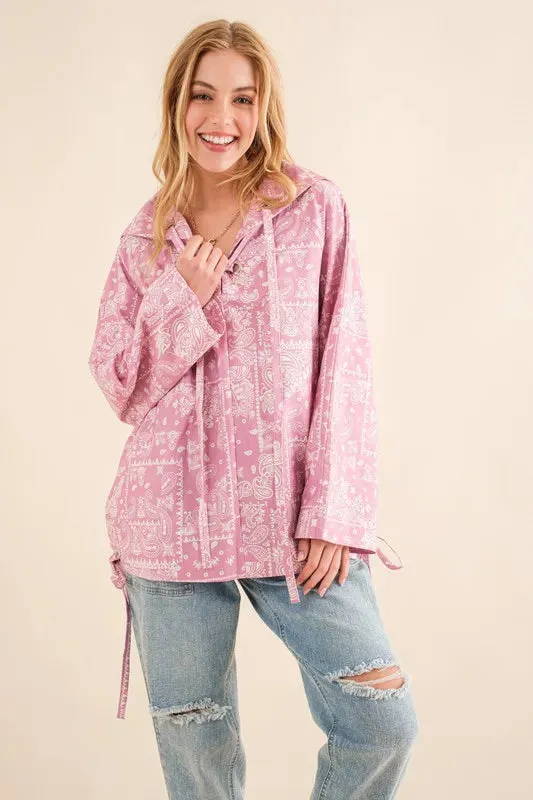 Pink Bandana Print Lace-Up Windbreaker Hoodie