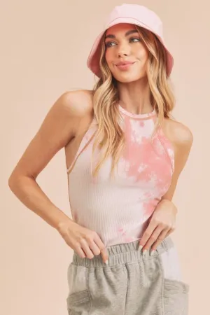 Pink Tie-Dye Ribbed High Neck Tank