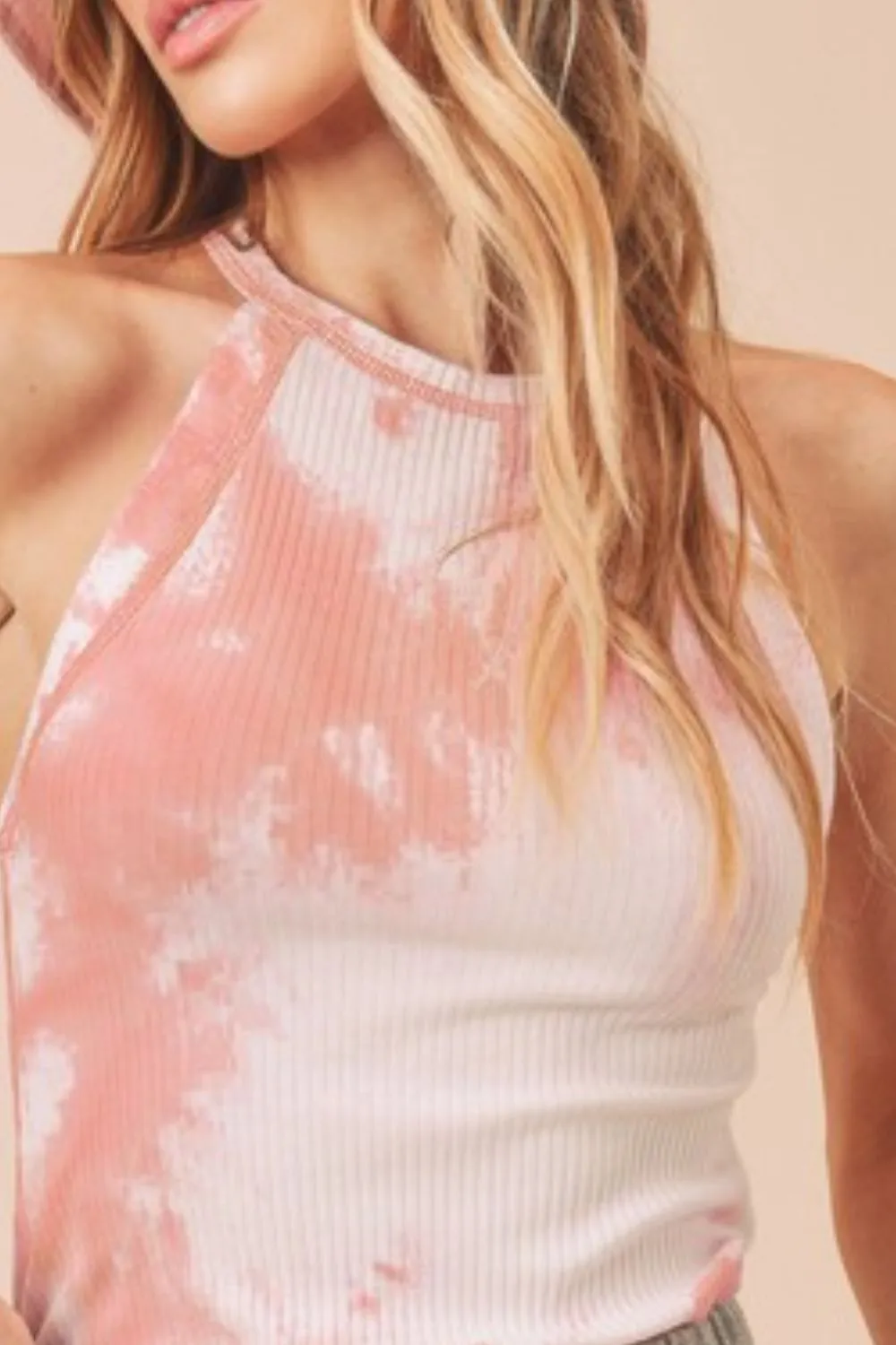Pink Tie-Dye Ribbed High Neck Tank