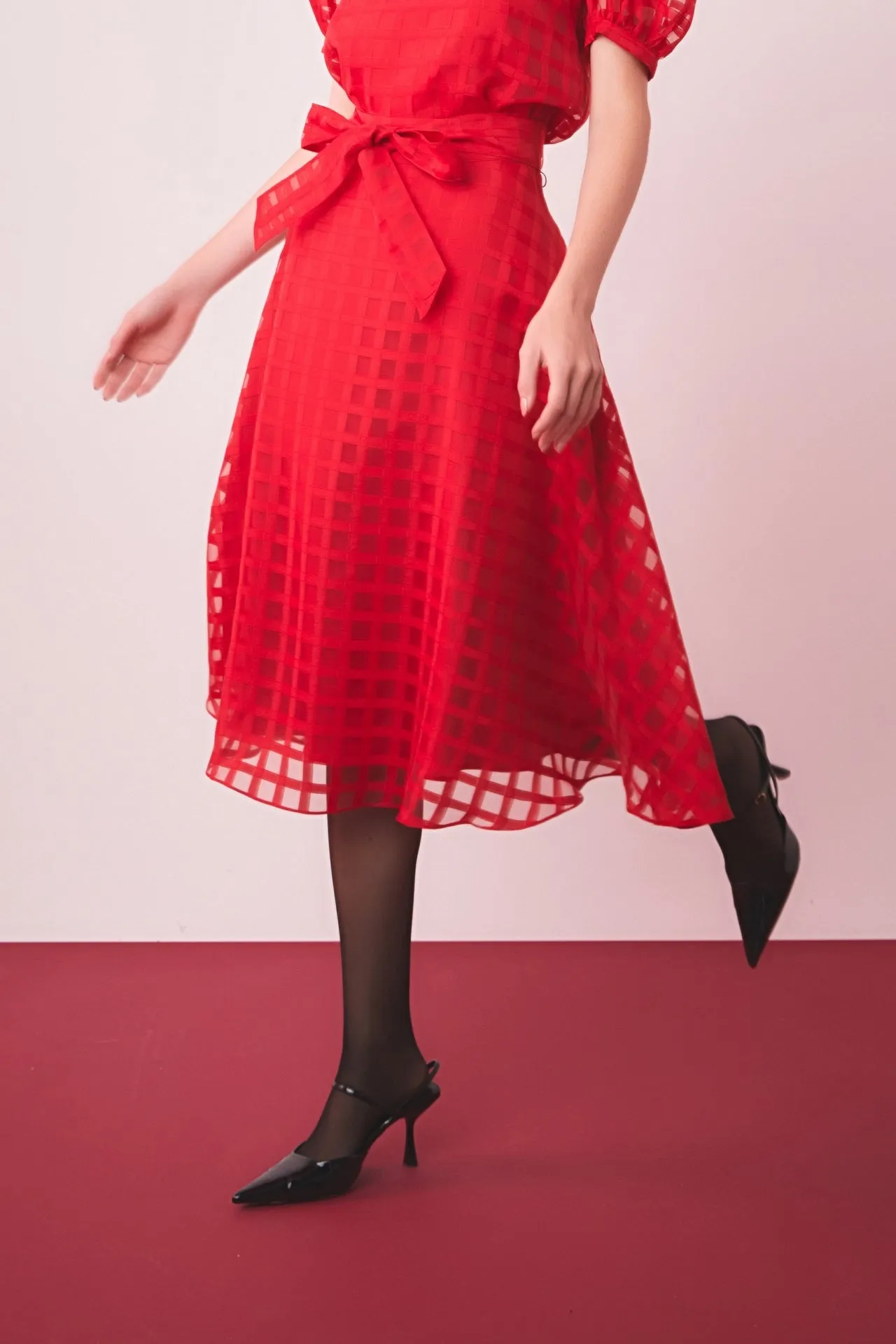 Plaid Organza Fit & Flare Midi Skirt