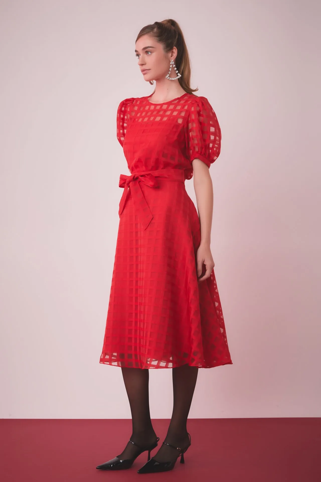 Plaid Organza Fit & Flare Midi Skirt