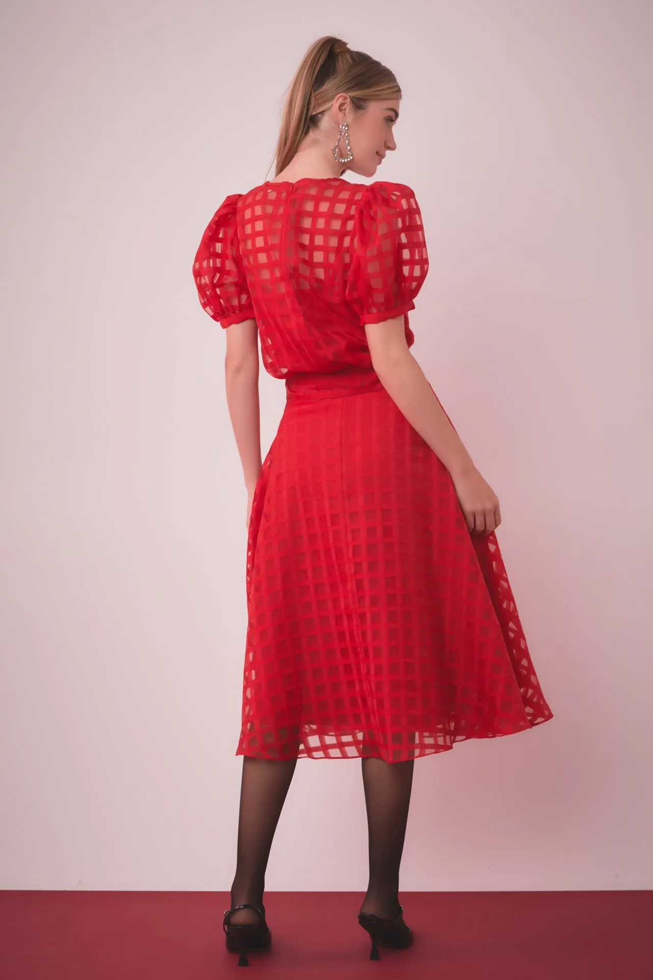 Plaid Organza Fit & Flare Midi Skirt