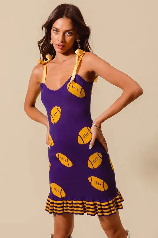 Purple and Gold Football Knit Mini Dress with Striped Hem