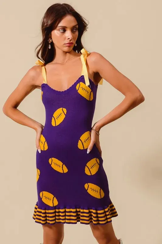 Purple and Gold Football Knit Mini Dress with Striped Hem