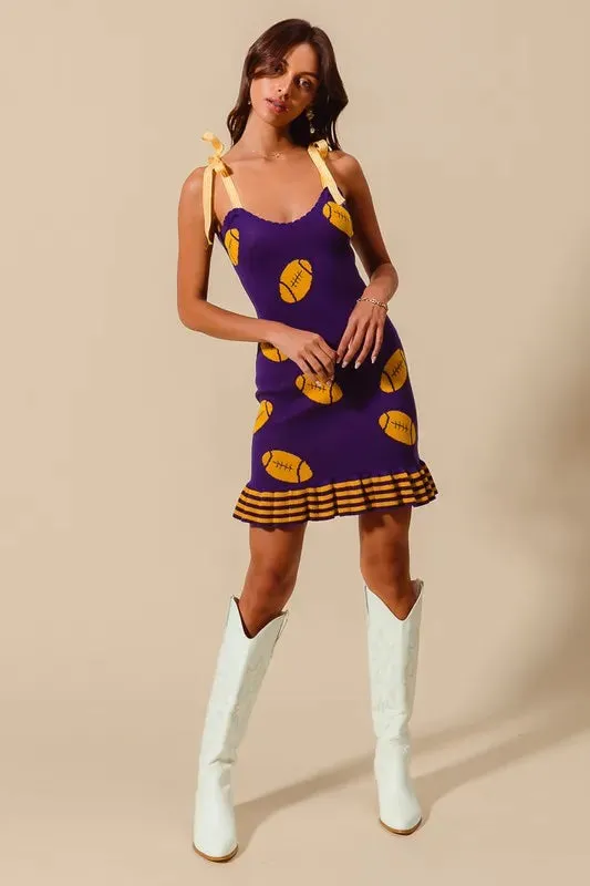 Purple and Gold Football Knit Mini Dress with Striped Hem