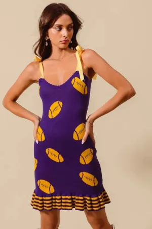 Purple and Gold Football Knit Mini Dress with Striped Hem