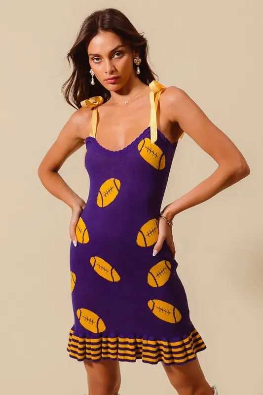 Purple and Gold Football Knit Mini Dress with Striped Hem