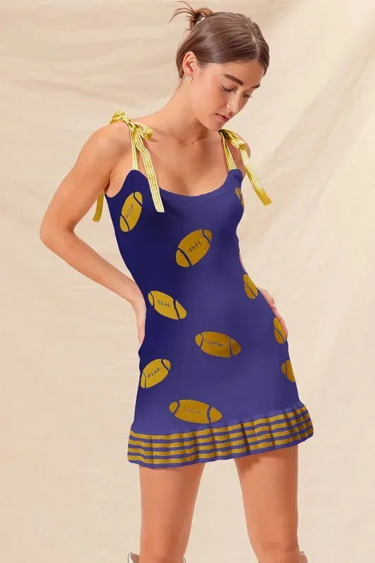 Purple and Gold Football Knit Mini Dress with Striped Hem