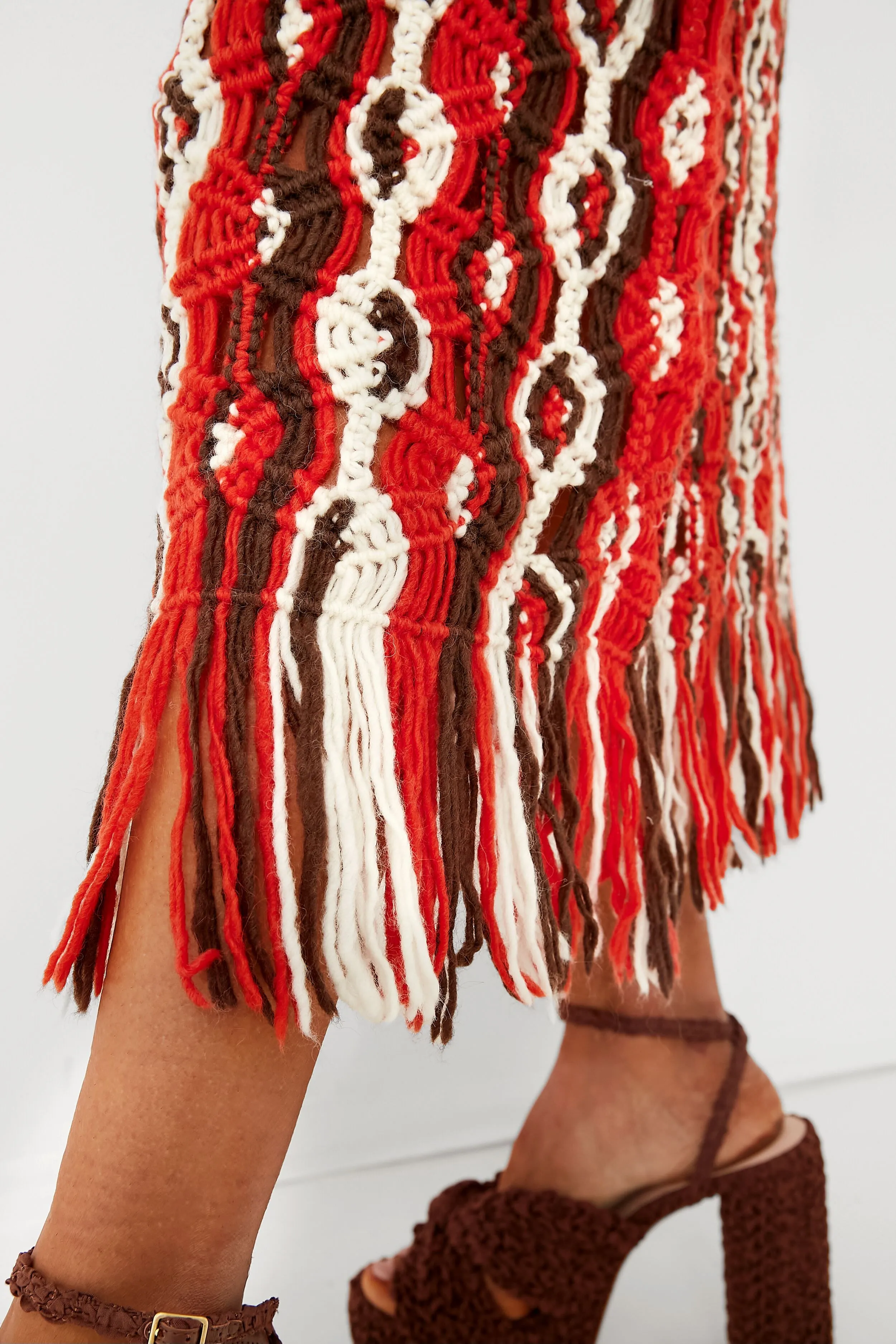 Red Drew Macrame Knit Skirt with Fringe