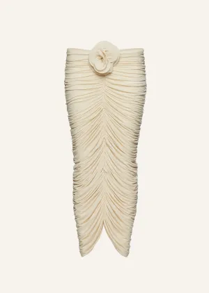 Ruched rose appliqué midi skirt in beige