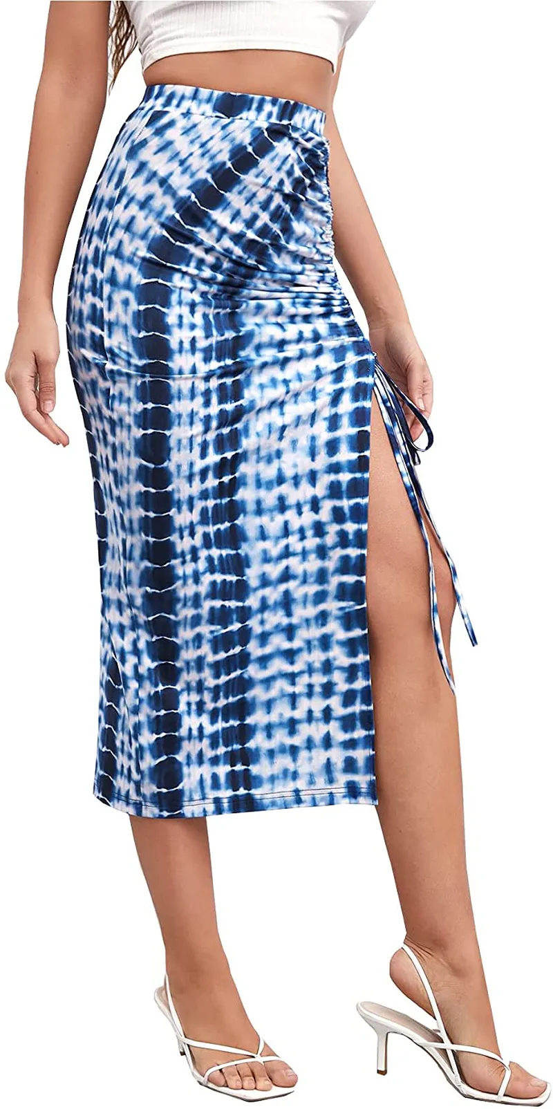 SheIn Women's Drawstring Ruched Side Split Hem Midi Skirt