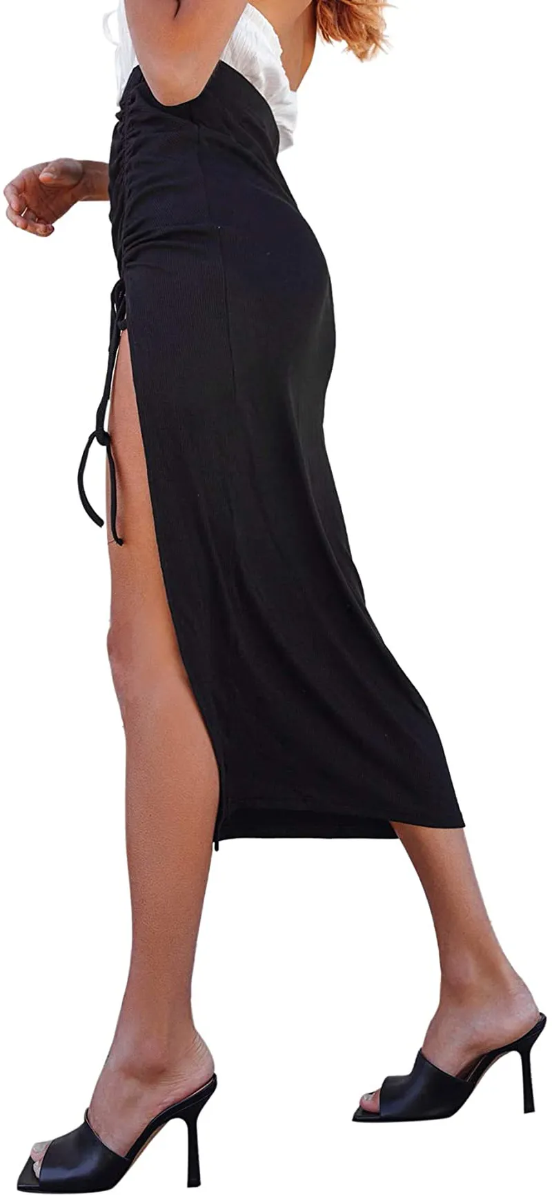 SheIn Women's Drawstring Ruched Side Split Hem Midi Skirt