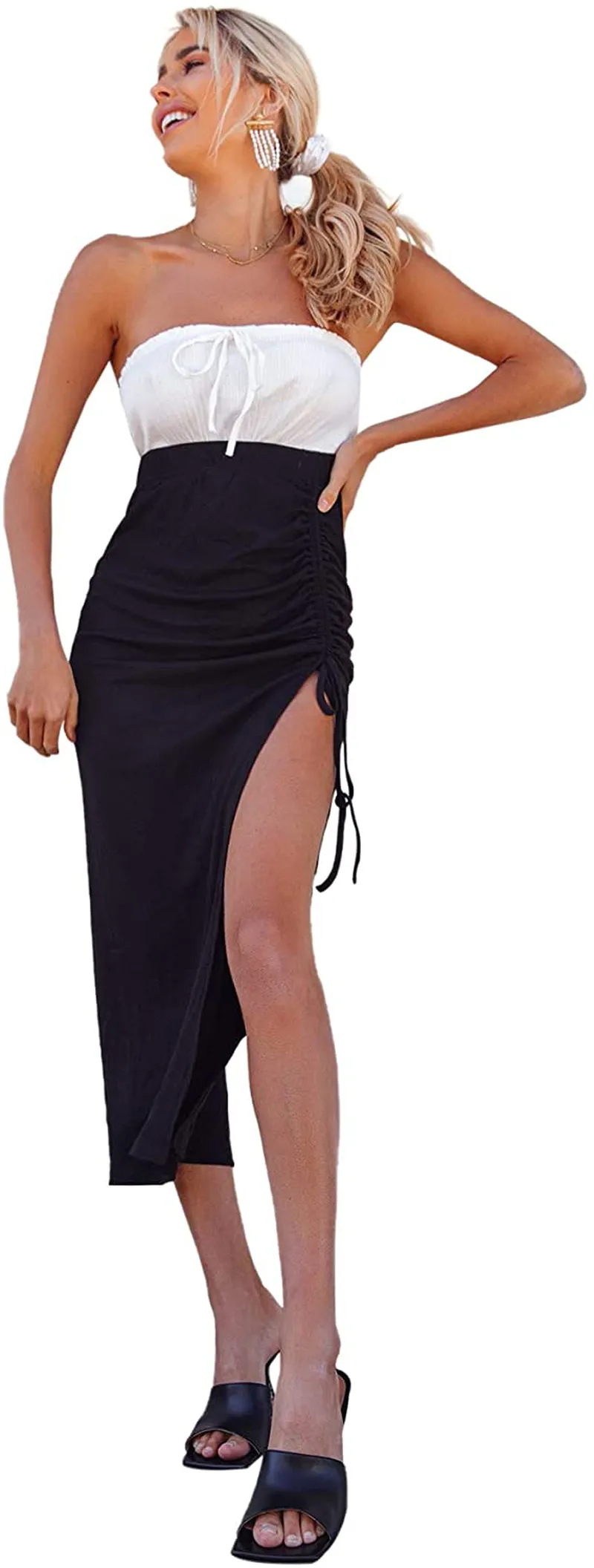 SheIn Women's Drawstring Ruched Side Split Hem Midi Skirt