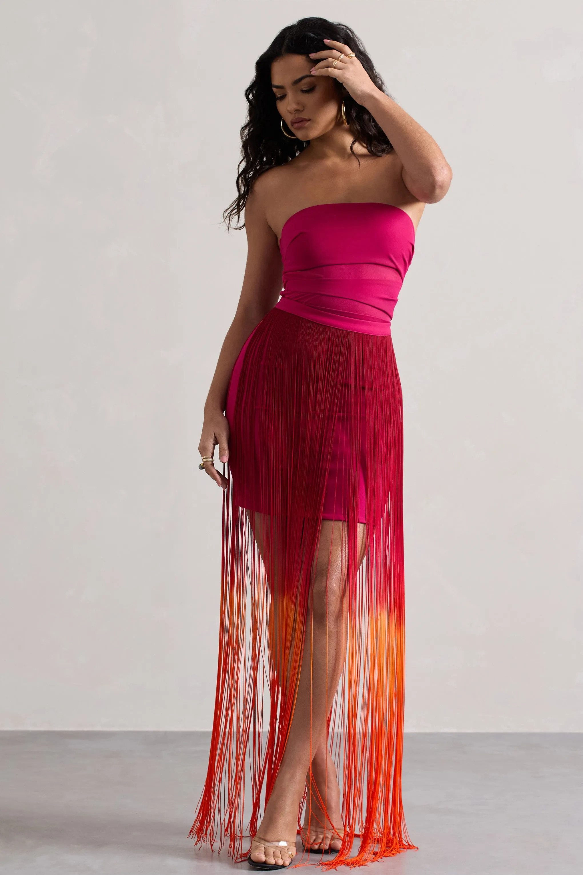 Sherbet | Pink & Orange Ombre Fringe Maxi Skirt