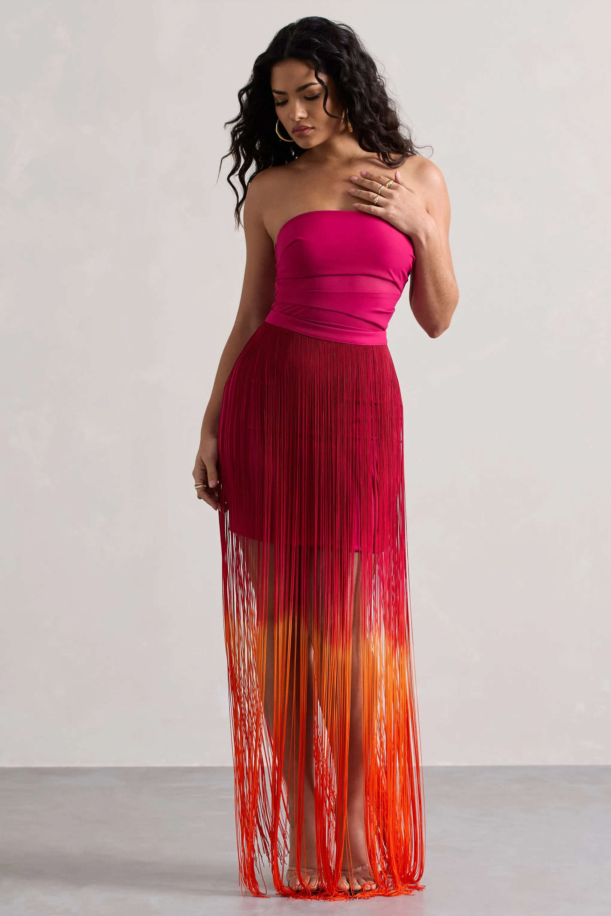 Sherbet | Pink & Orange Ombre Fringe Maxi Skirt