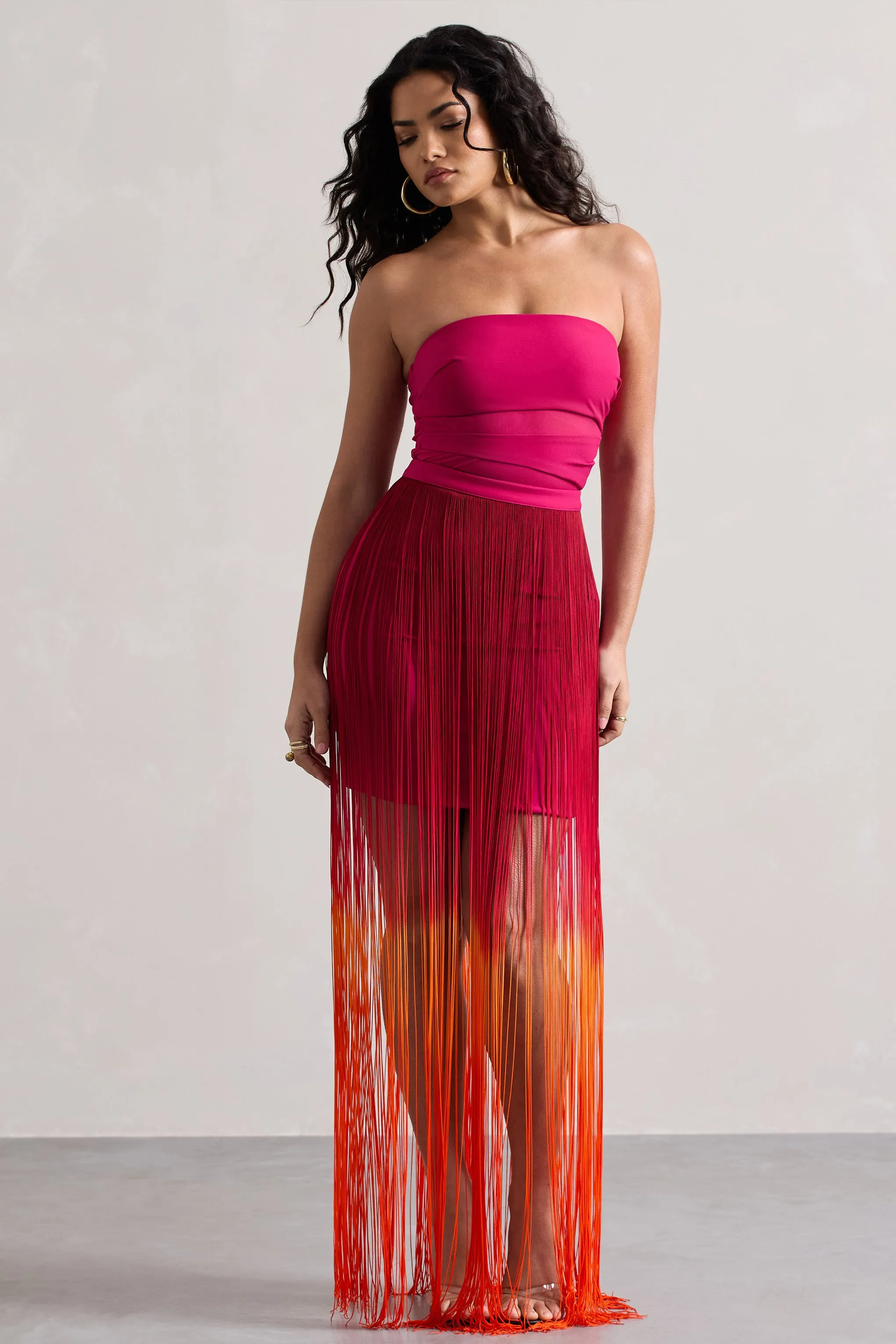 Sherbet | Pink & Orange Ombre Fringe Maxi Skirt