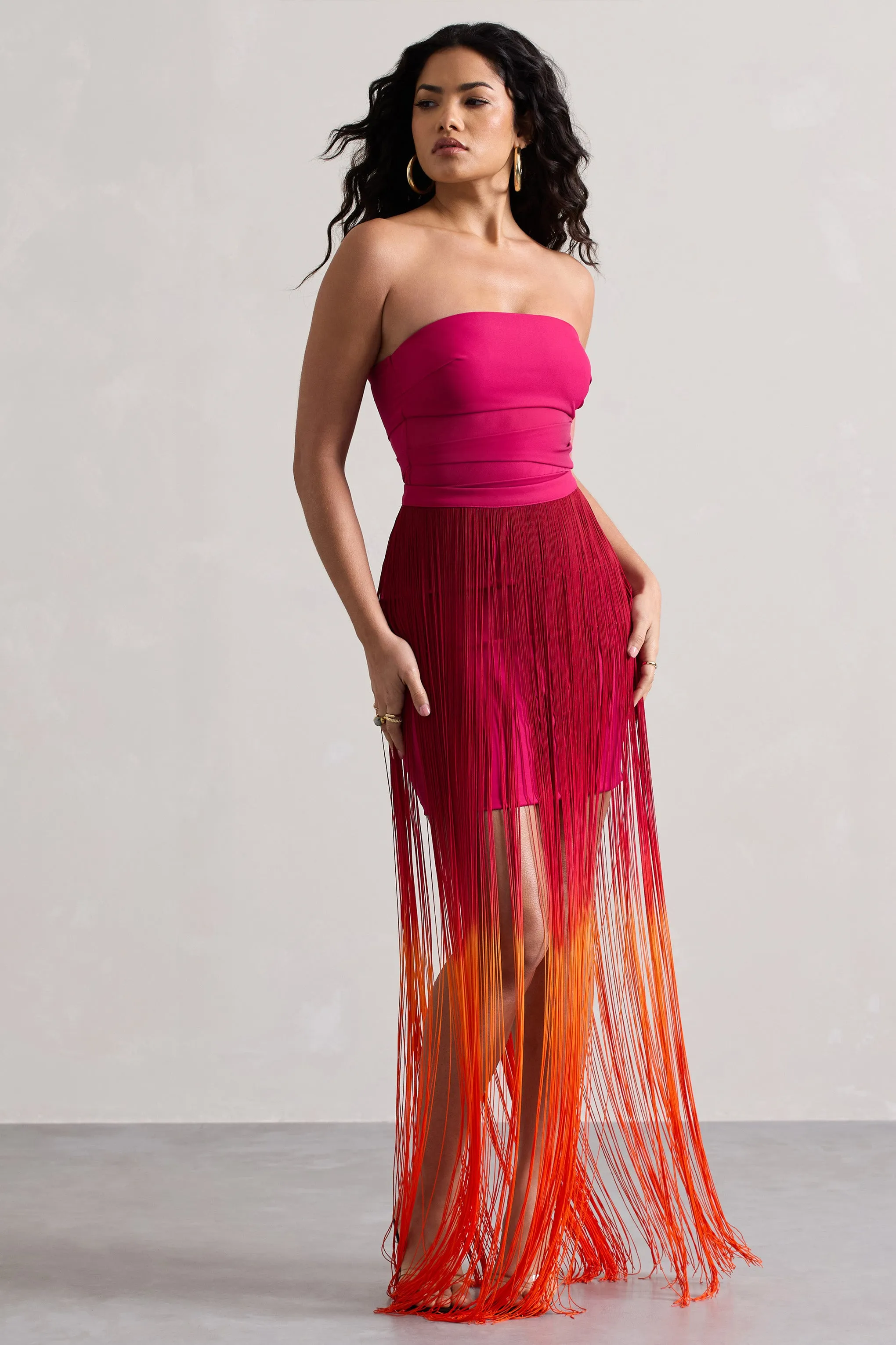 Sherbet | Pink & Orange Ombre Fringe Maxi Skirt