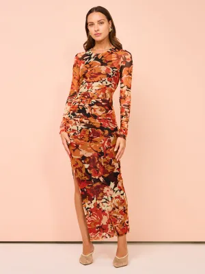 Shona Joy Rubi Gathered Midi Dress in Tangerine/Multi