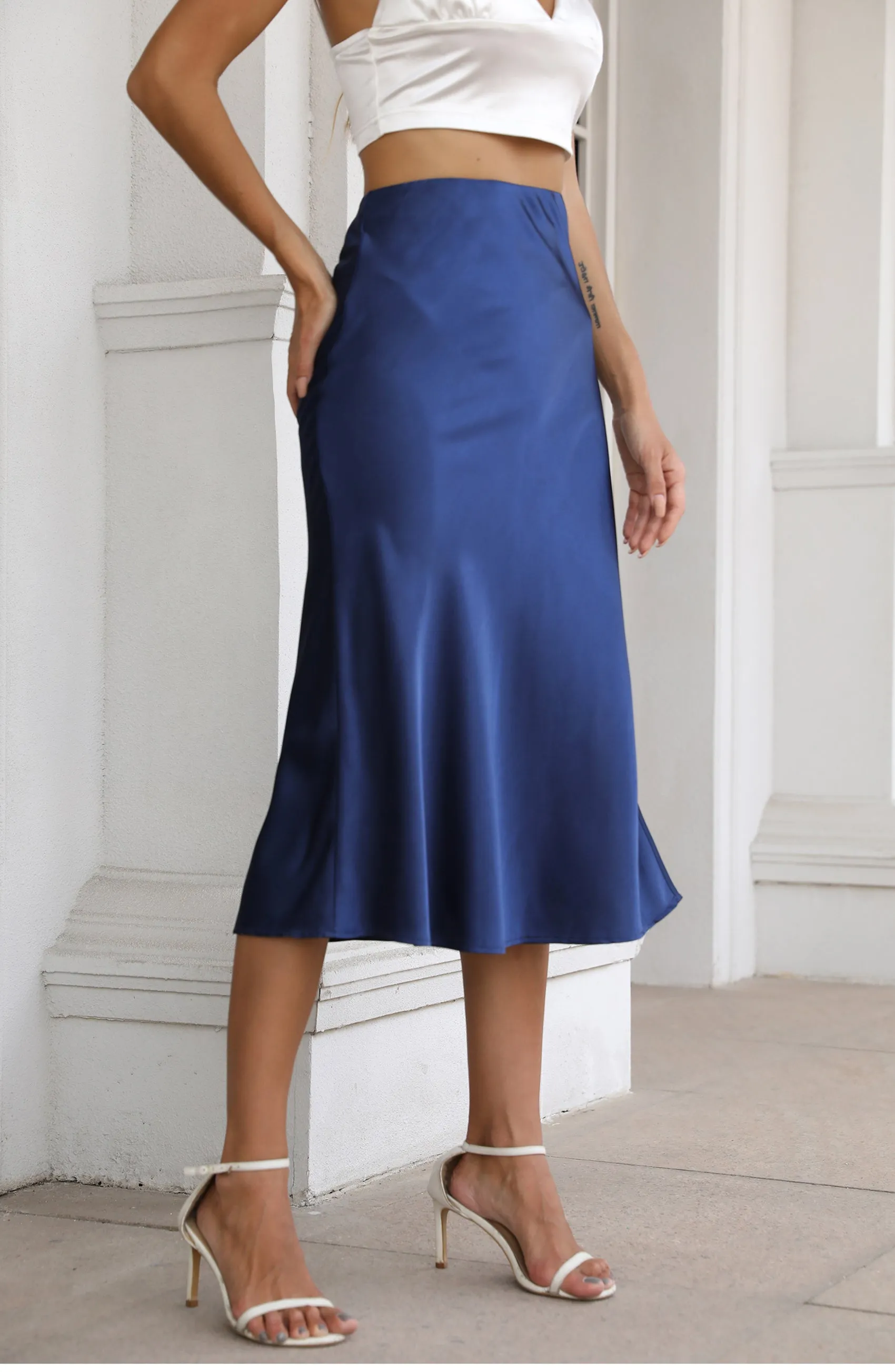 Silky Satin Midi Skirt with high Slit High Waist Navy