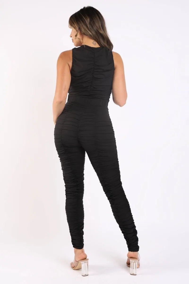 Sleek Black Ruched Ruffle Bodycon Jumpsuit