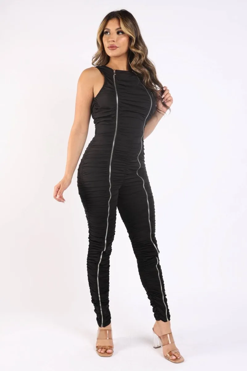 Sleek Black Ruched Ruffle Bodycon Jumpsuit