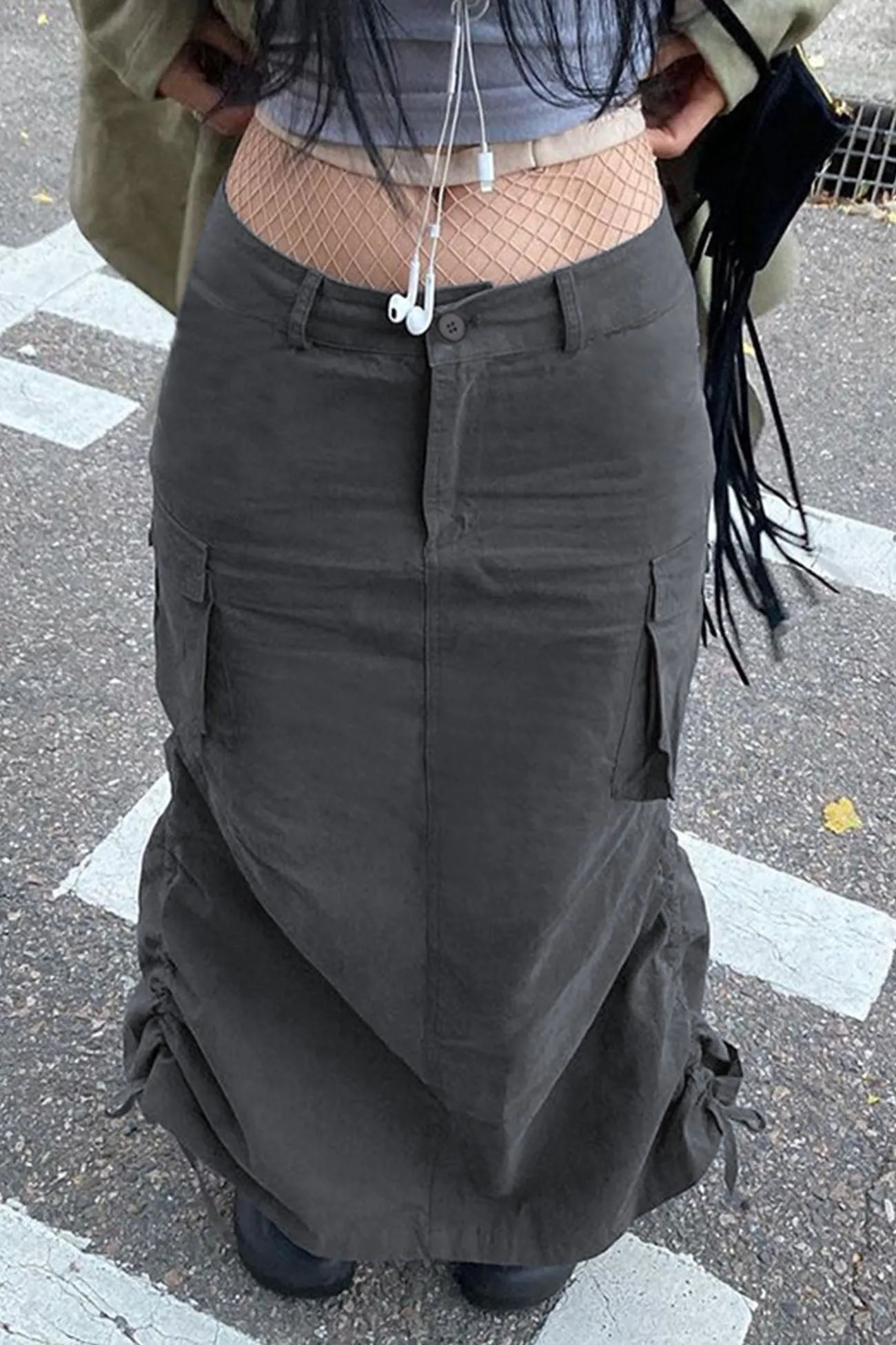TastyHottie - Solid Color Back Slit Ruched Pocket Midi Skirt
