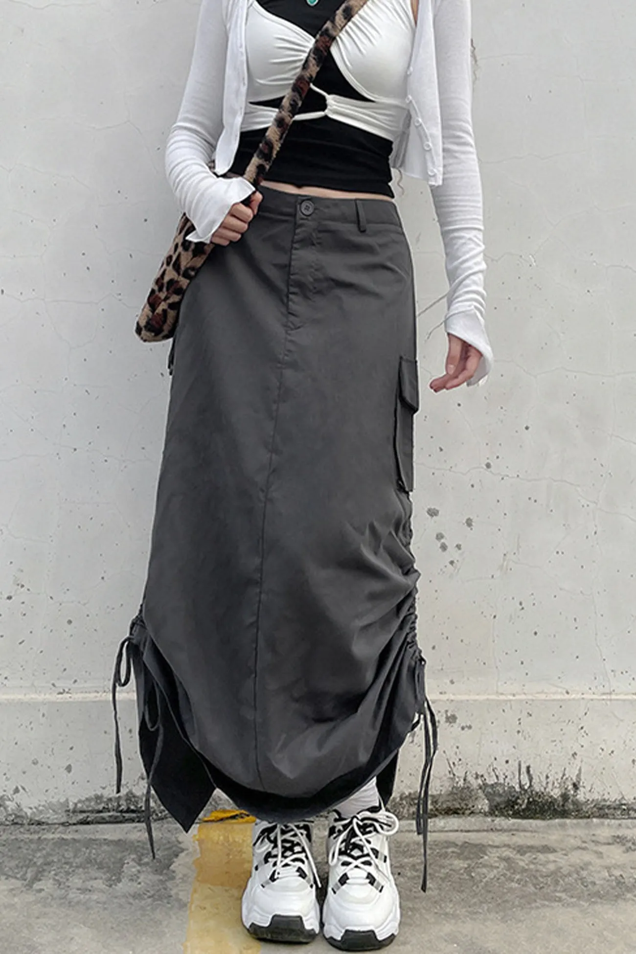 TastyHottie - Solid Color Back Slit Ruched Pocket Midi Skirt