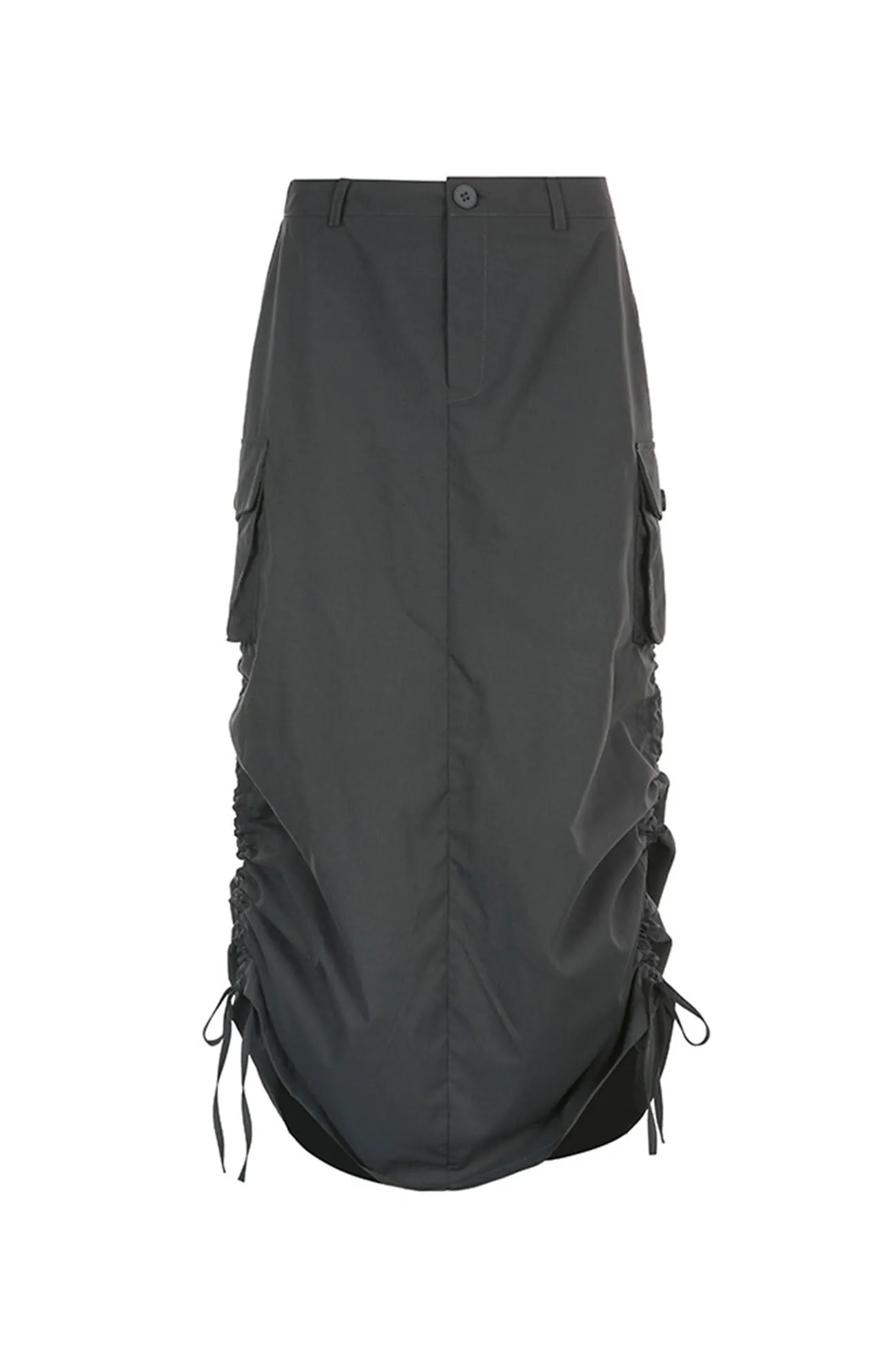 TastyHottie - Solid Color Back Slit Ruched Pocket Midi Skirt