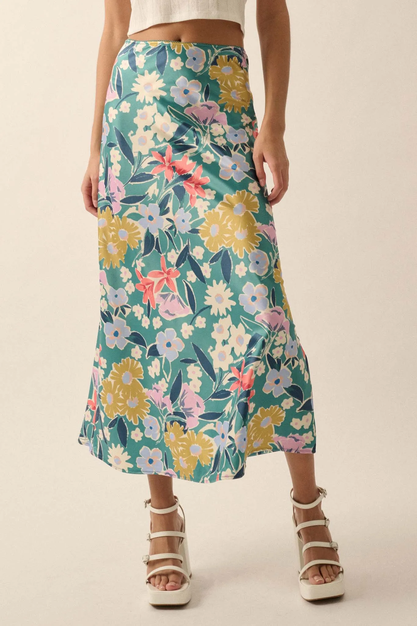 Teal Temptation Floral Satin A-Line Midi Skirt