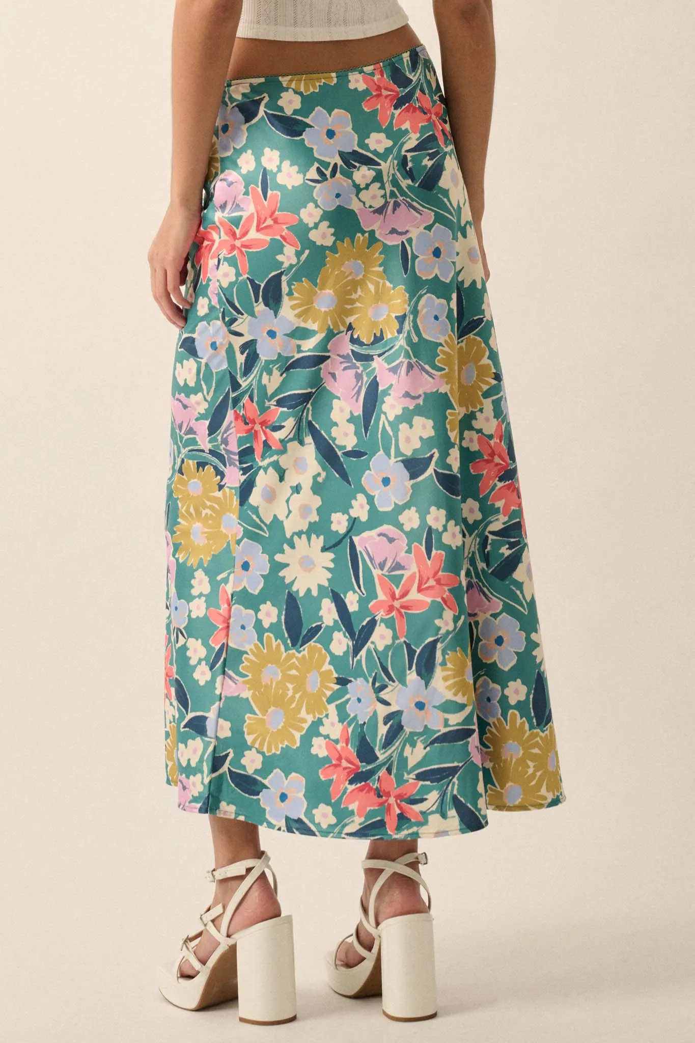 Teal Temptation Floral Satin A-Line Midi Skirt